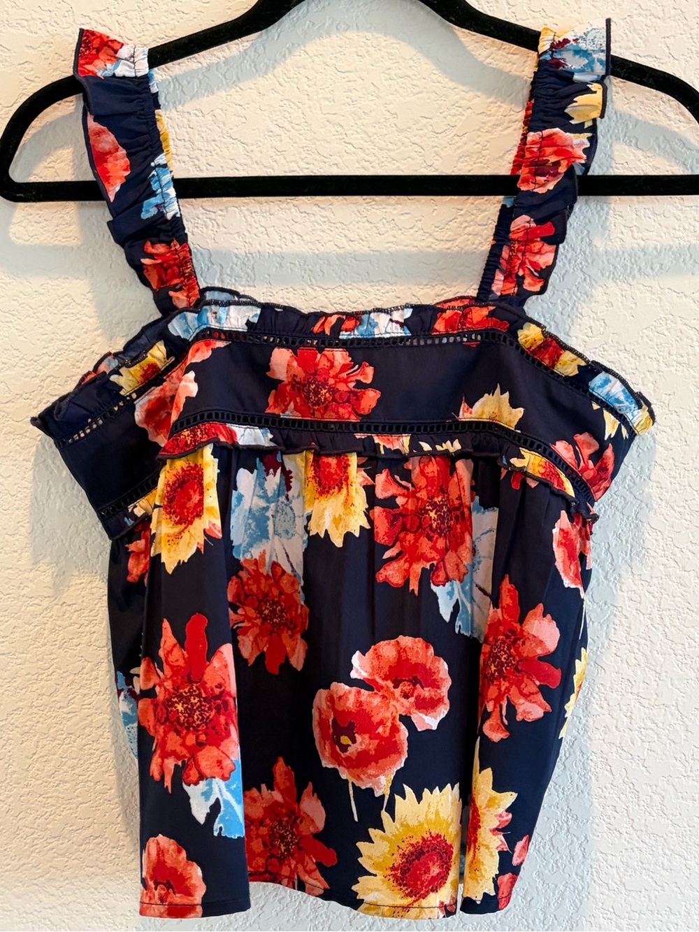 Navy Floral Ruffle-Strap Tank Top